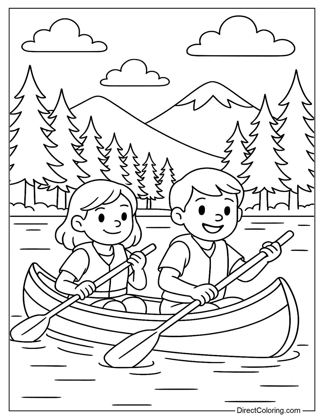 Coloring page of two children paddling a canoe across a lake in a forest and mountains scene.